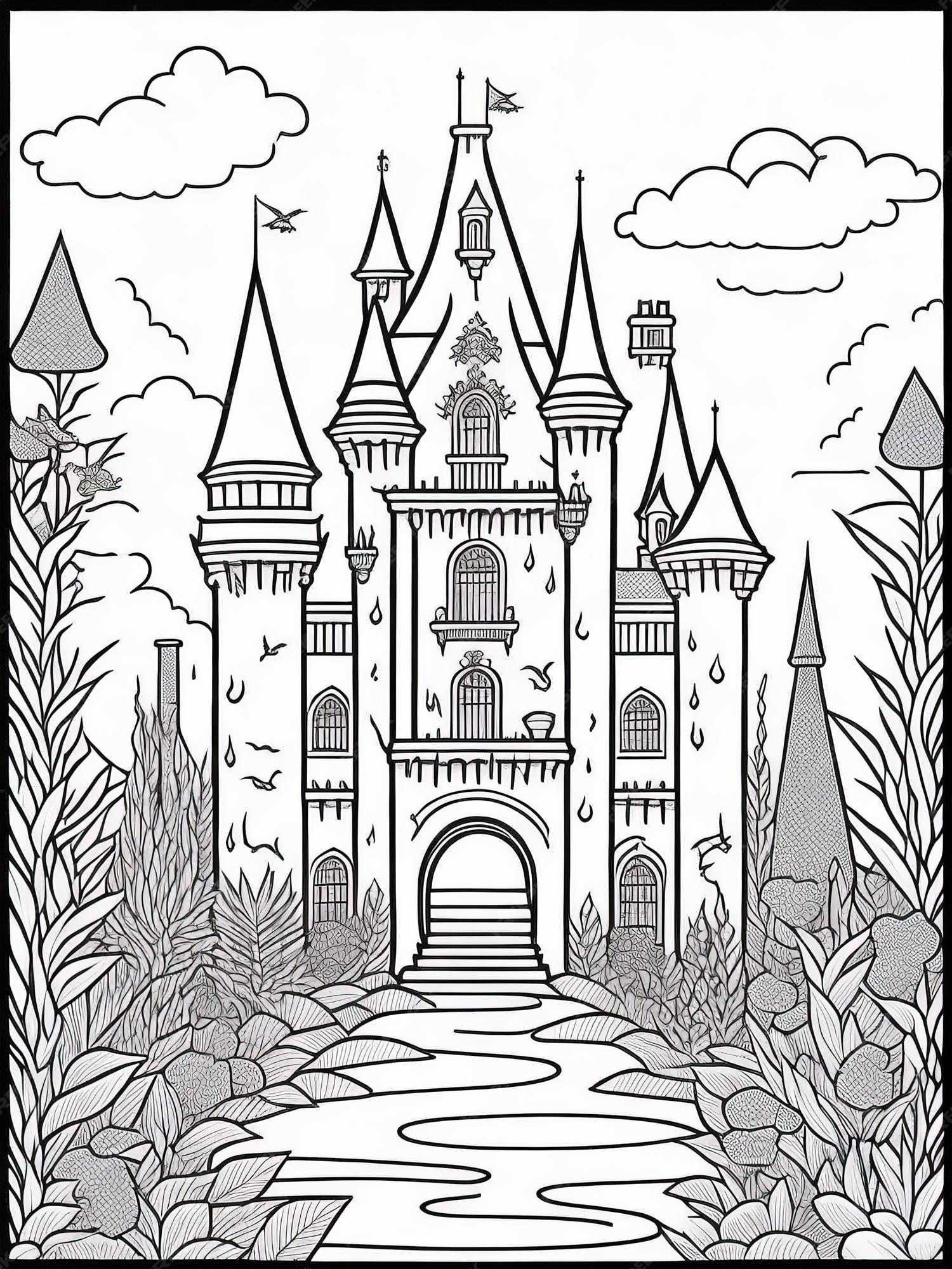 Premium vector create fairy tale magic printable coloring page of castle