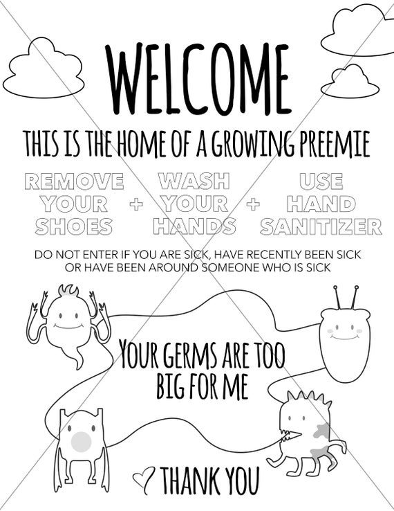 Coloring page wash hands wele sign printable instant download front door sign medically fragile child preemie sign