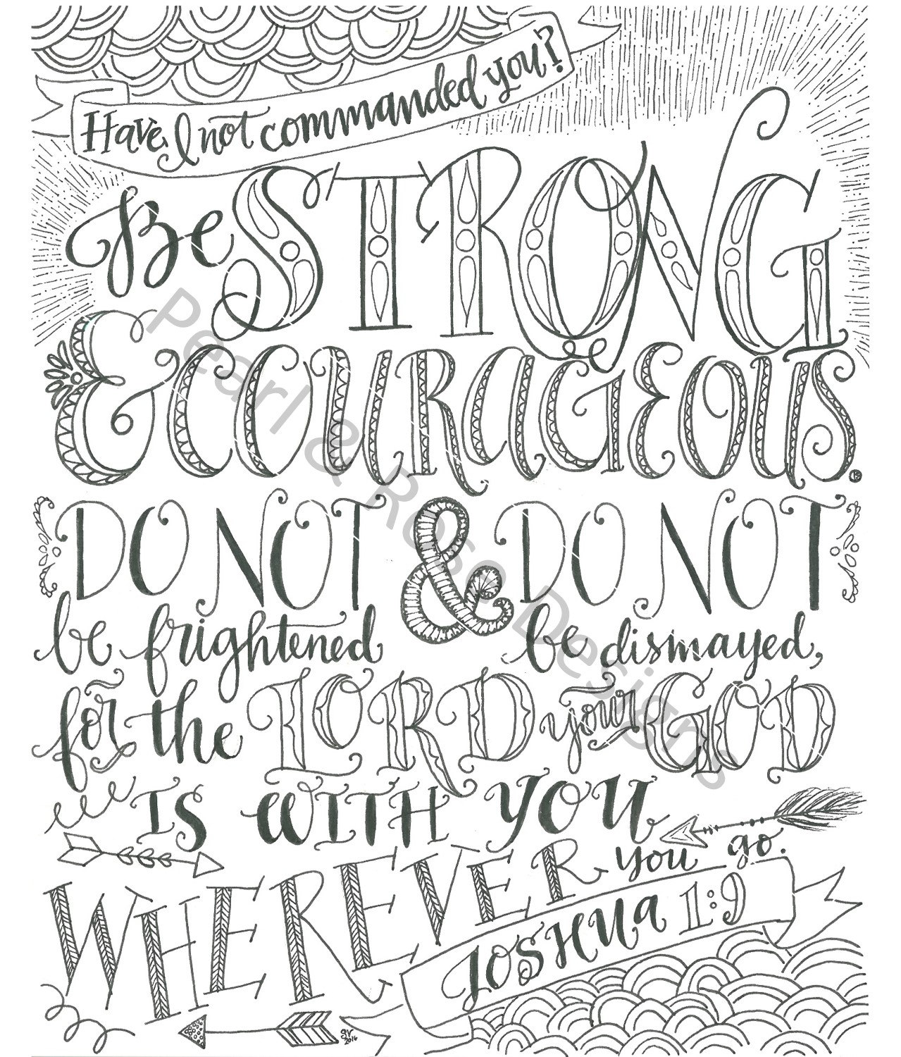 Joshua be strong and courageous bible verse printable hand drawn instant download adult coloring page