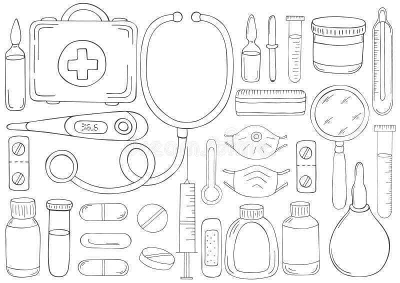Monochrome medical illustrations coloring pages black and white stock vector