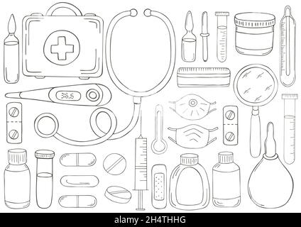Coloring page set of doctors tools in hand draw style ambulance doctor tools medical case medications stethoscope masks stock vector image art