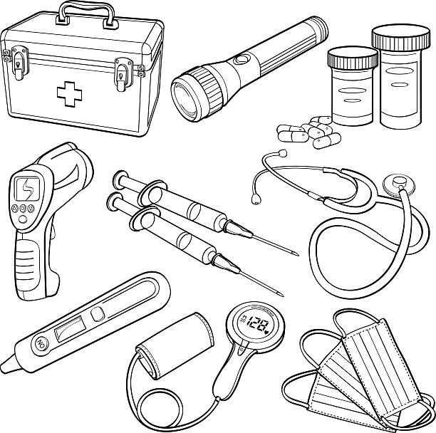 Outlines of medical supplies on a white background stock illustration