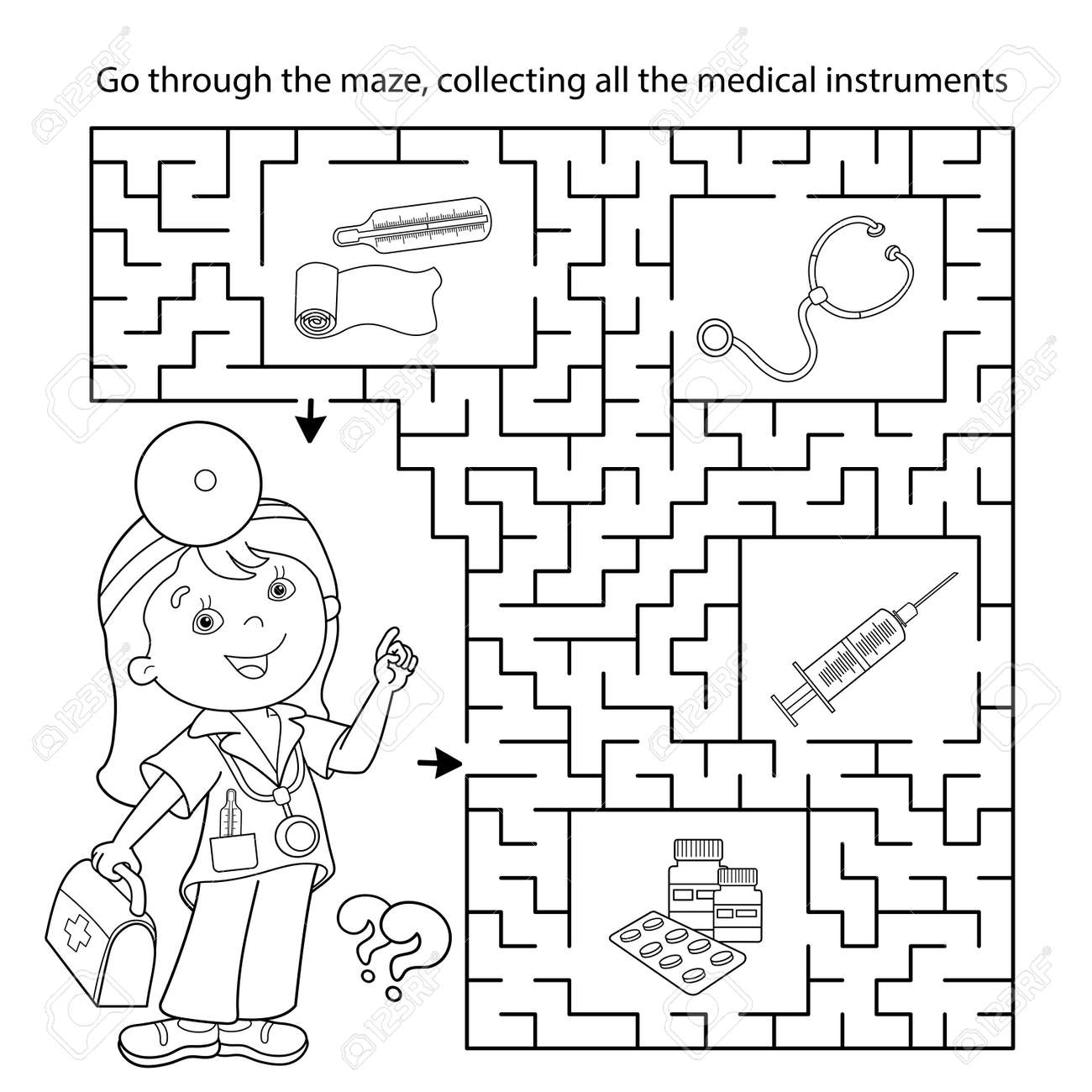 Maze or labyrinth game puzzle coloring page outline of cartoon doctor with medical tools coloring book for kids coloring book for kids royalty free svg cliparts vectors and stock illustration image