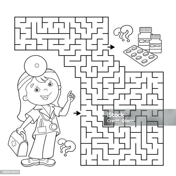 Maze or labyrinth game puzzle coloring page outline of cartoon doctor with medical tools coloring book for kids coloring book for kids stock illustration