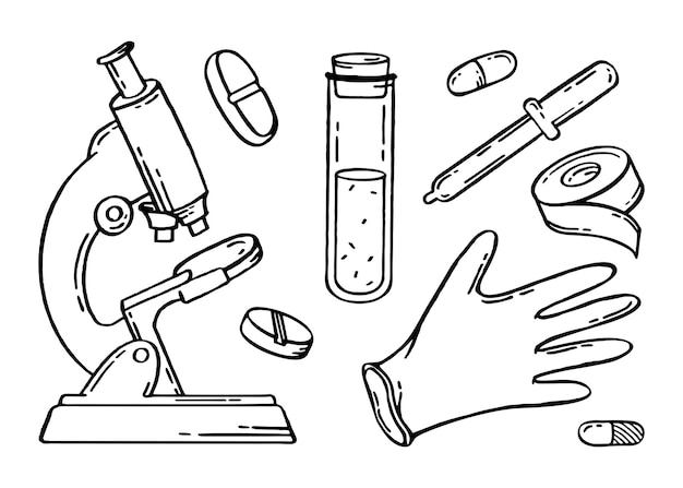Premium vector medical pharmaceutical hospital device set of drawings vector illustration hand drawn