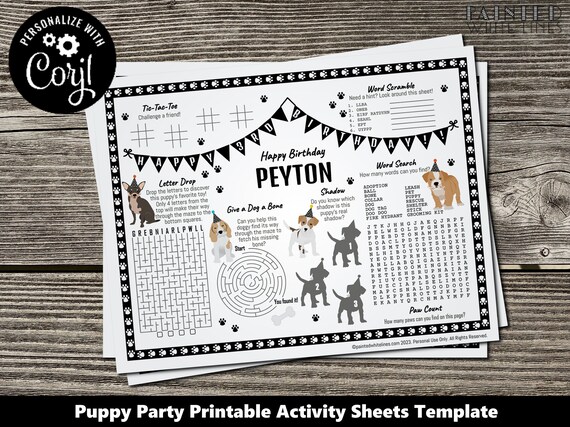 Kids activity sheet editable printable puppy dog party any occasion corjl template coloring sheet activity pages kids coloring sheet pwlbw
