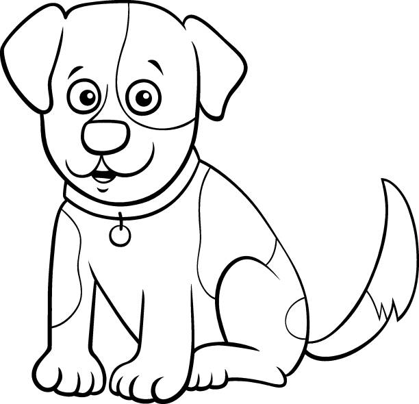 Cute dog wearing collar with pet paw tag coloring book stock illustrations royalty