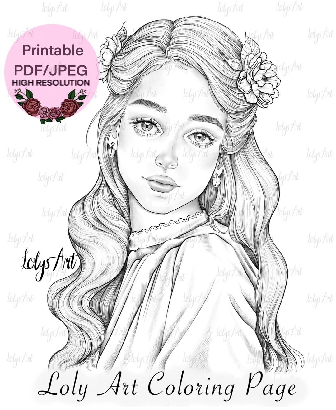 Innocent face printable adult coloring page highquality line art greyscale