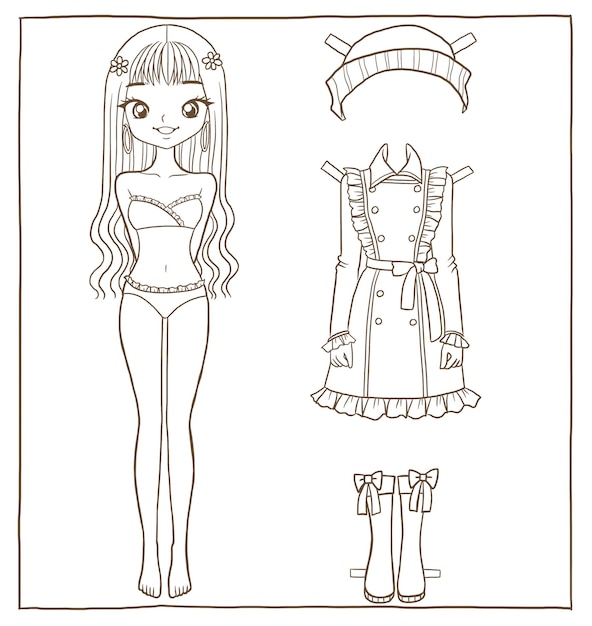 Premium vector dress up doll coloring drawing cartoon doodle kawaii anime cute illustration drawing clip art