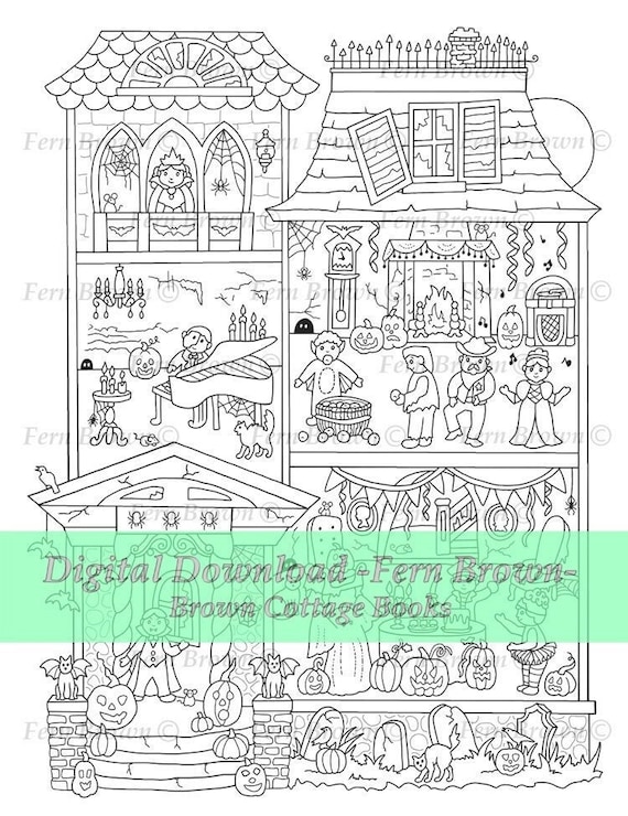 Dollhouse coloring page haunted house instant download line art halloween party dollhouse by fern brown hand