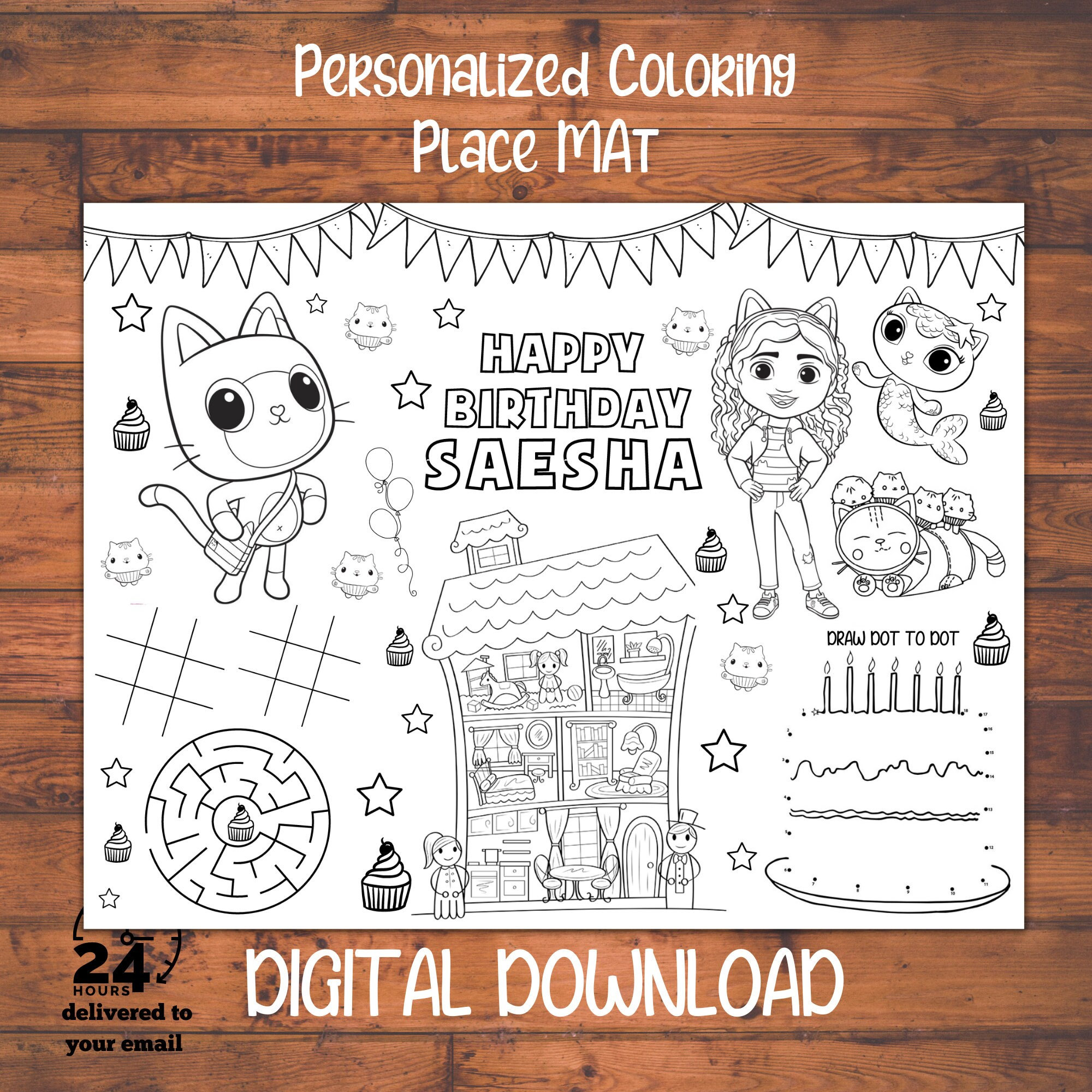 Gabby dollhouse coloring pages gabby dollhouse party games kids placemats personalized kids placemat printable kids birthday placemat