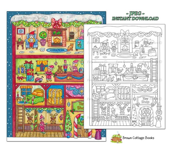 Dollhouse coloring page dolls toys instant download line art printable toy shop doll house by fern brown hand