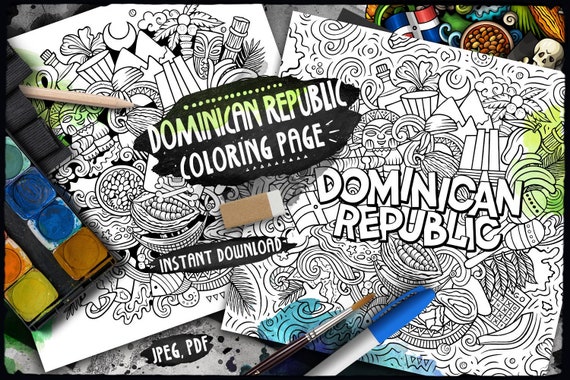 Dominican republic digital coloring page travel adult coloring caribbean country doodles illustration art printable coloring sheet pdf download now
