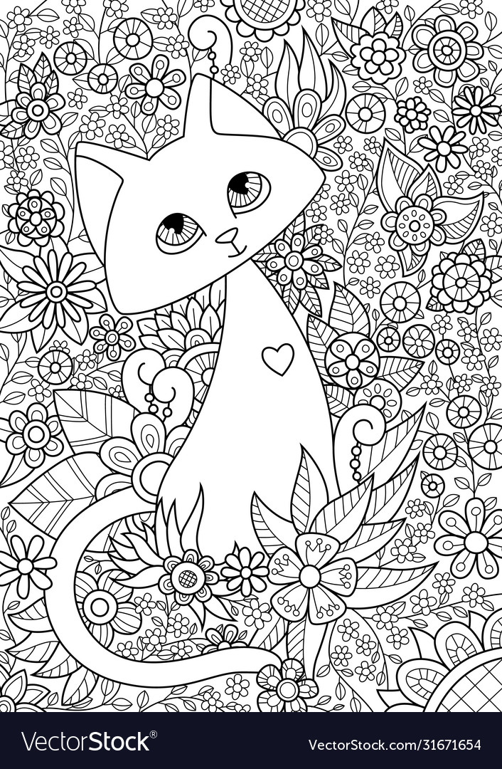 Doodle coloring book page cute cat in flowers vector image