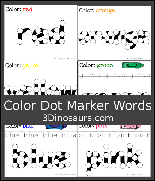 Free color dot marker words printables dinosaurs
