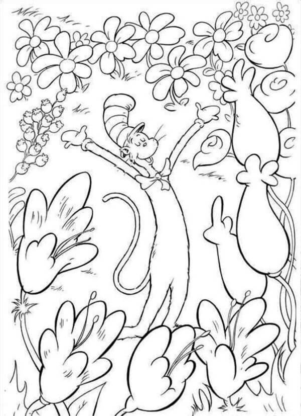 A cat with a cap enjoys in a field of flowers coloring page