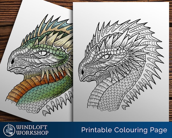 Buy spiny dragon coloring page fantasy creature horns and scales dragon head magical monsters crested dragon printable digital download online in india