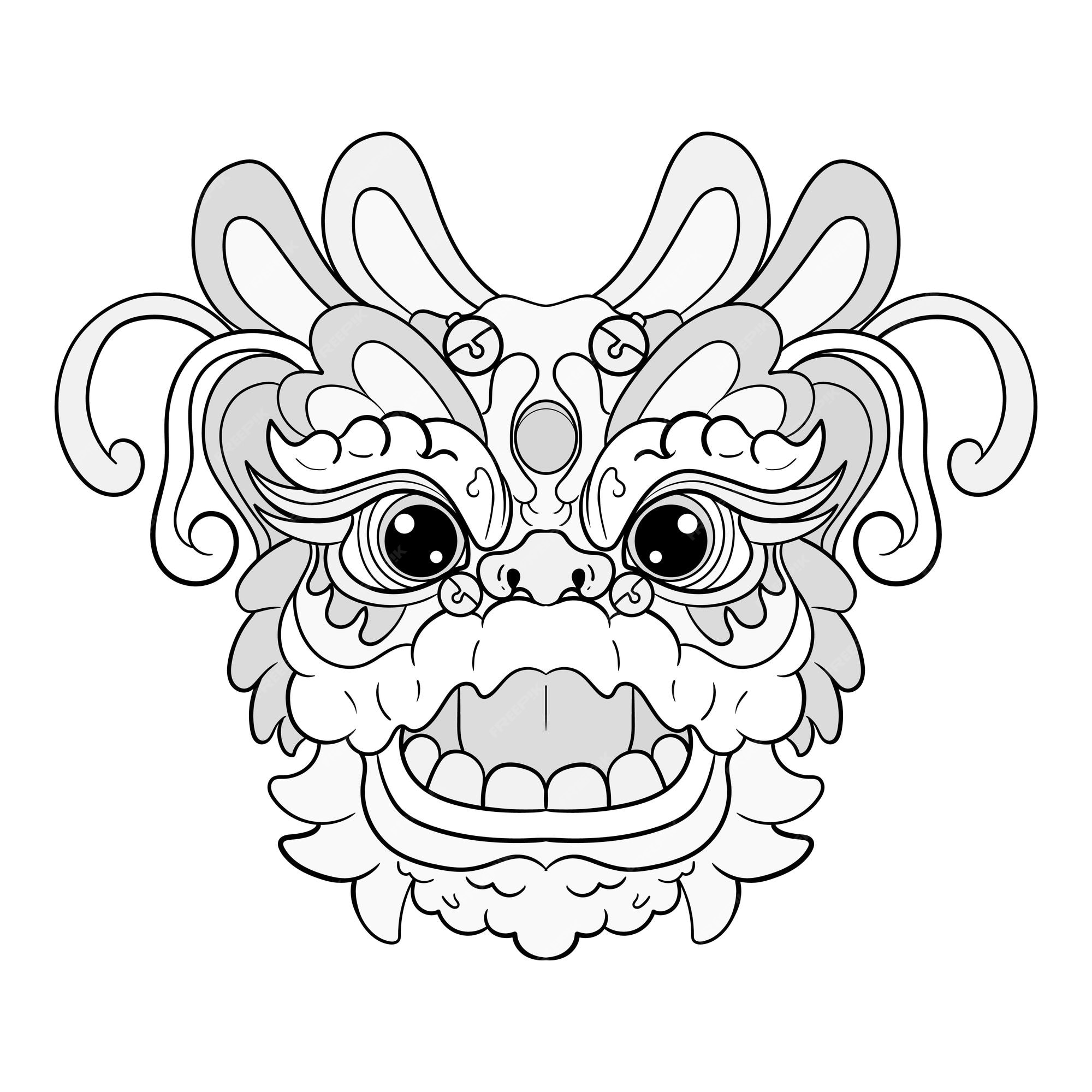 Premium vector black and white monster dragon head fantasy illustration coloring pages drawing line
