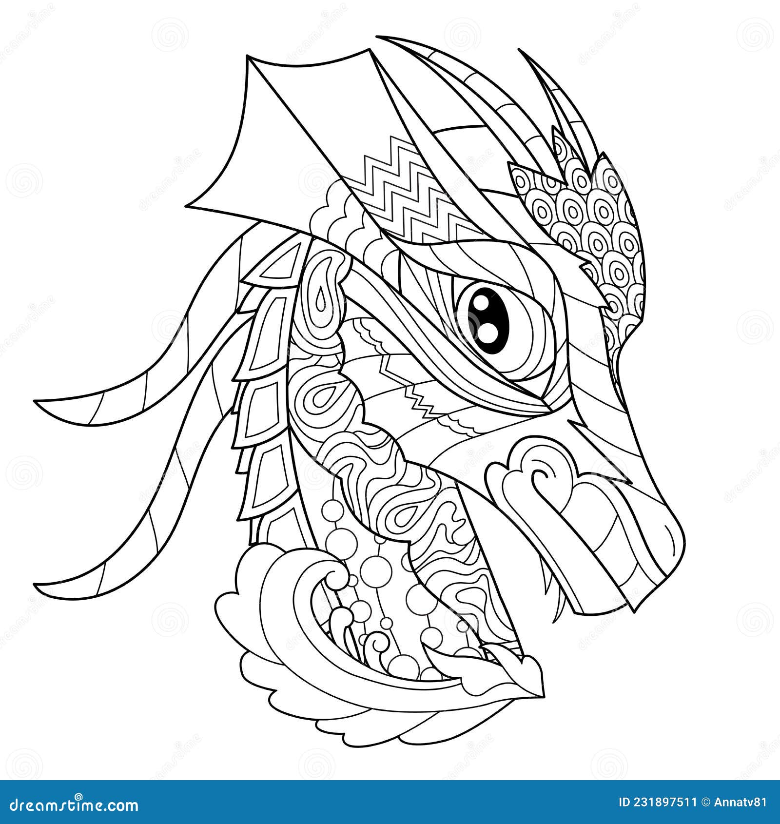 Fancy dragon head on white background contour illustration for coloring book with fantasy reptile anti stress picture stock vector
