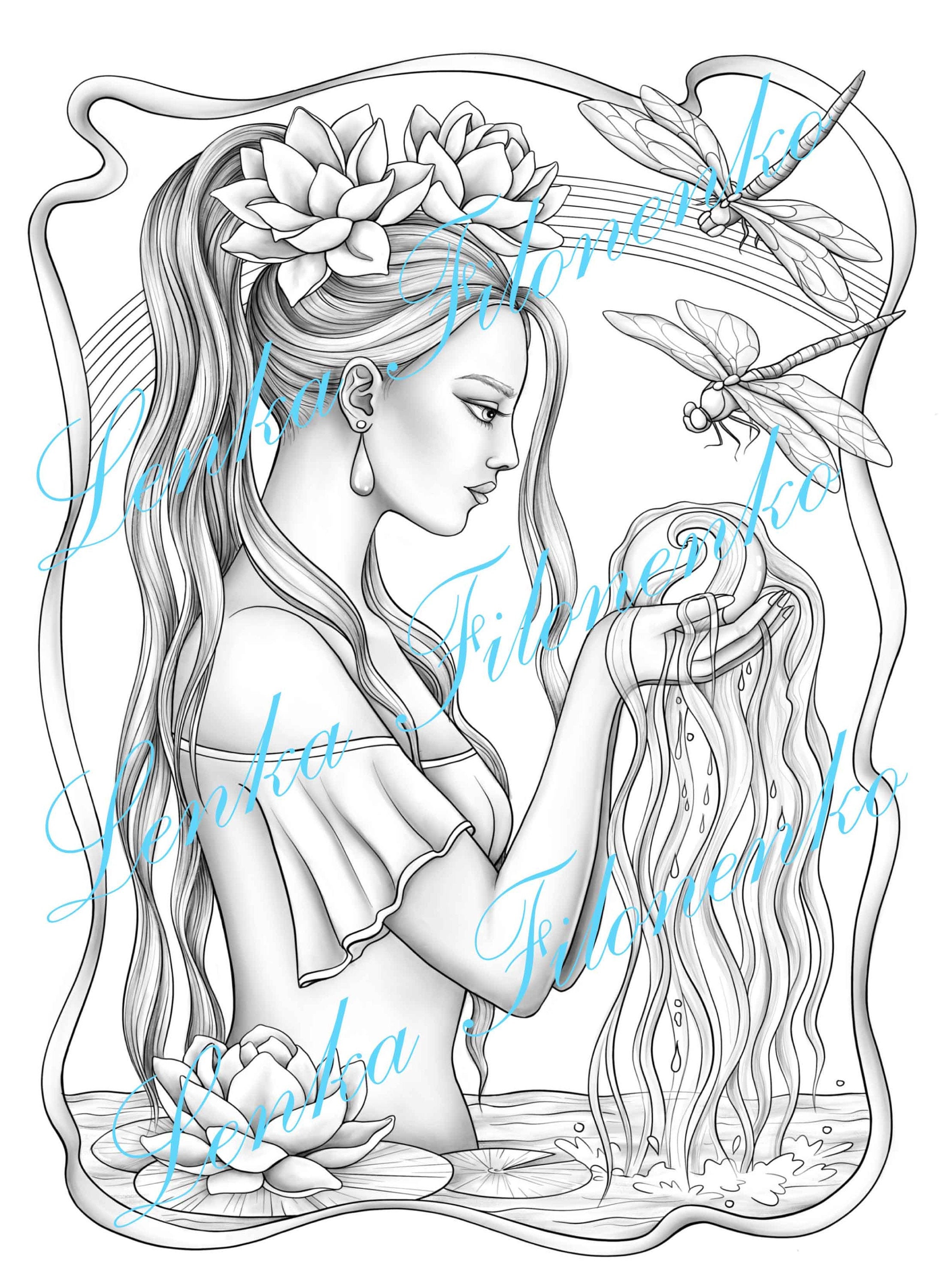 Coloring page for adults dragonfly lady grey scale pdf download and print