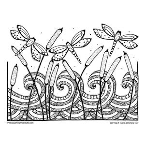 Dragonflies and cattails coloring page