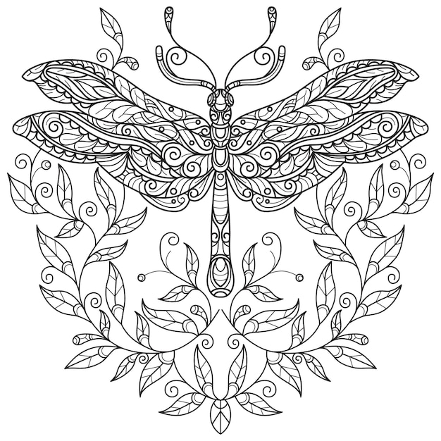 Premium vector dragonfly and leaf hand drawn for adult coloring book