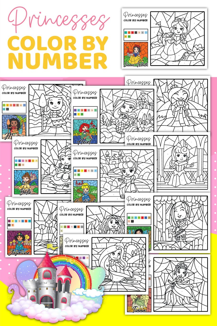 Free printable disney princess lor by number pages