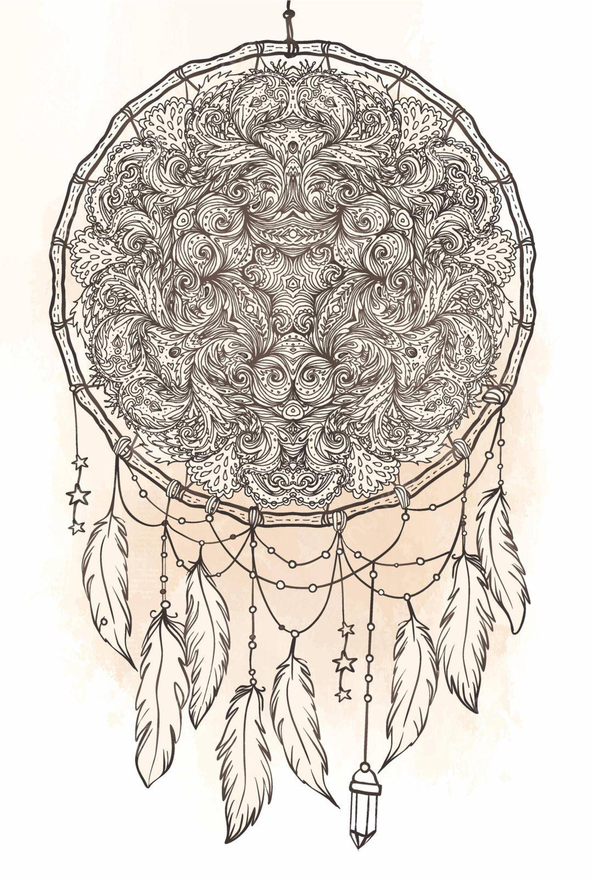 Native american dreamcatcher with feathers and moon coloring mandala beige vector coloring mandala beige png and vector with transparent background for free download