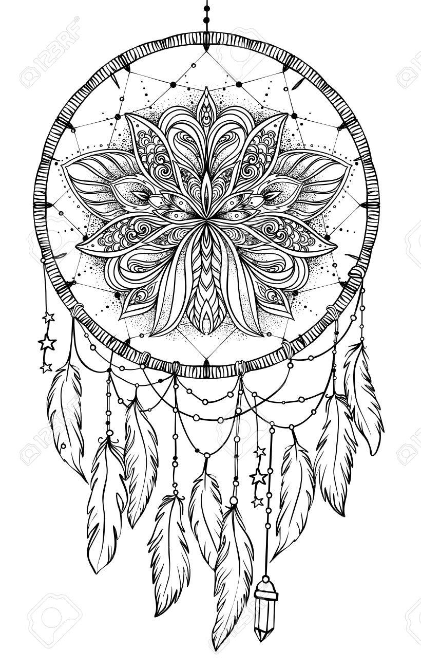 Hand drawn native american indian talisman dreamcatcher with feathers and moon vector hipster illustration isolated on white ethnic design boho chic tribal symbol coloring book for adults royalty free svg cliparts vectors