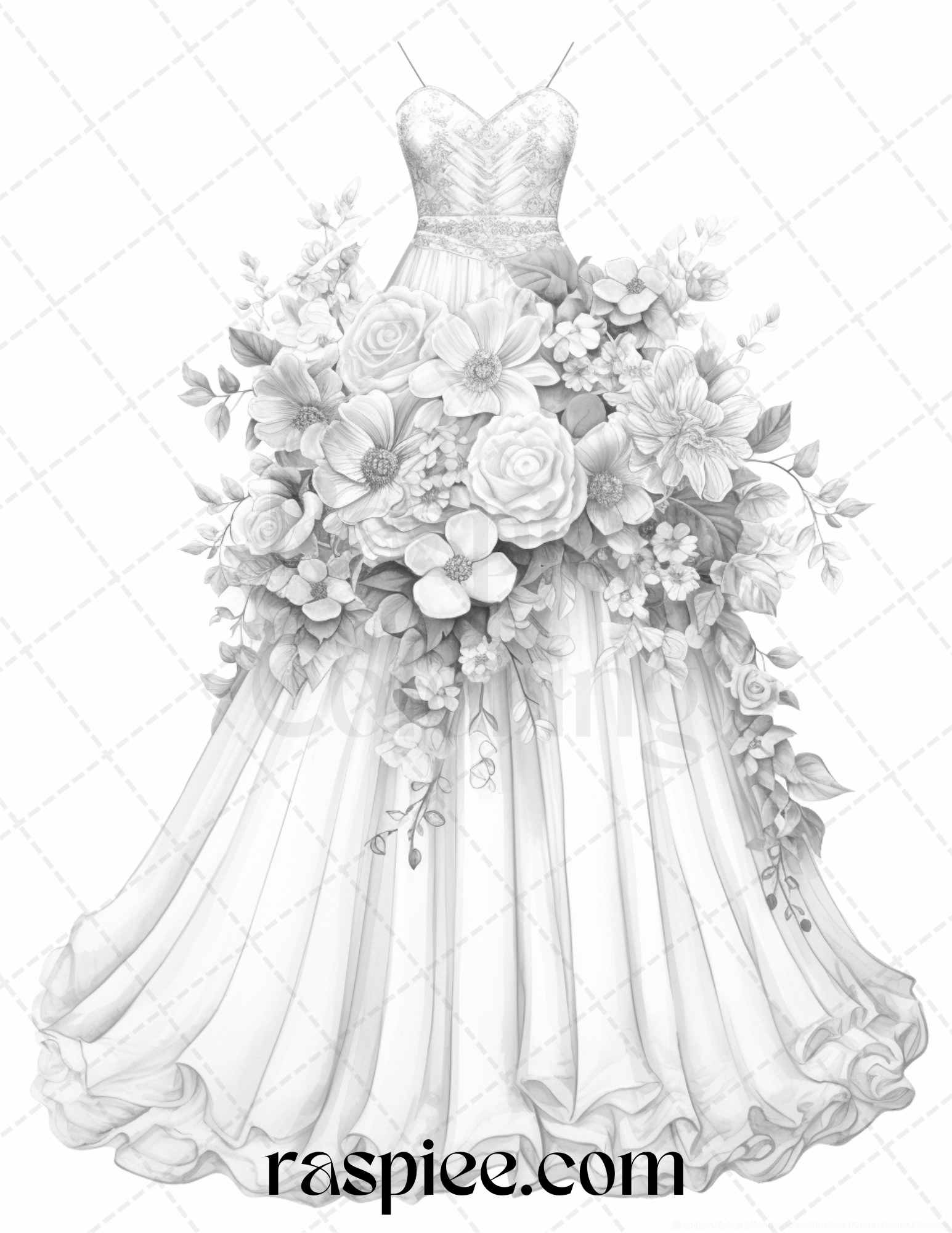 Elegant floral wedding dresses grayscale coloring pages printable f â coloring