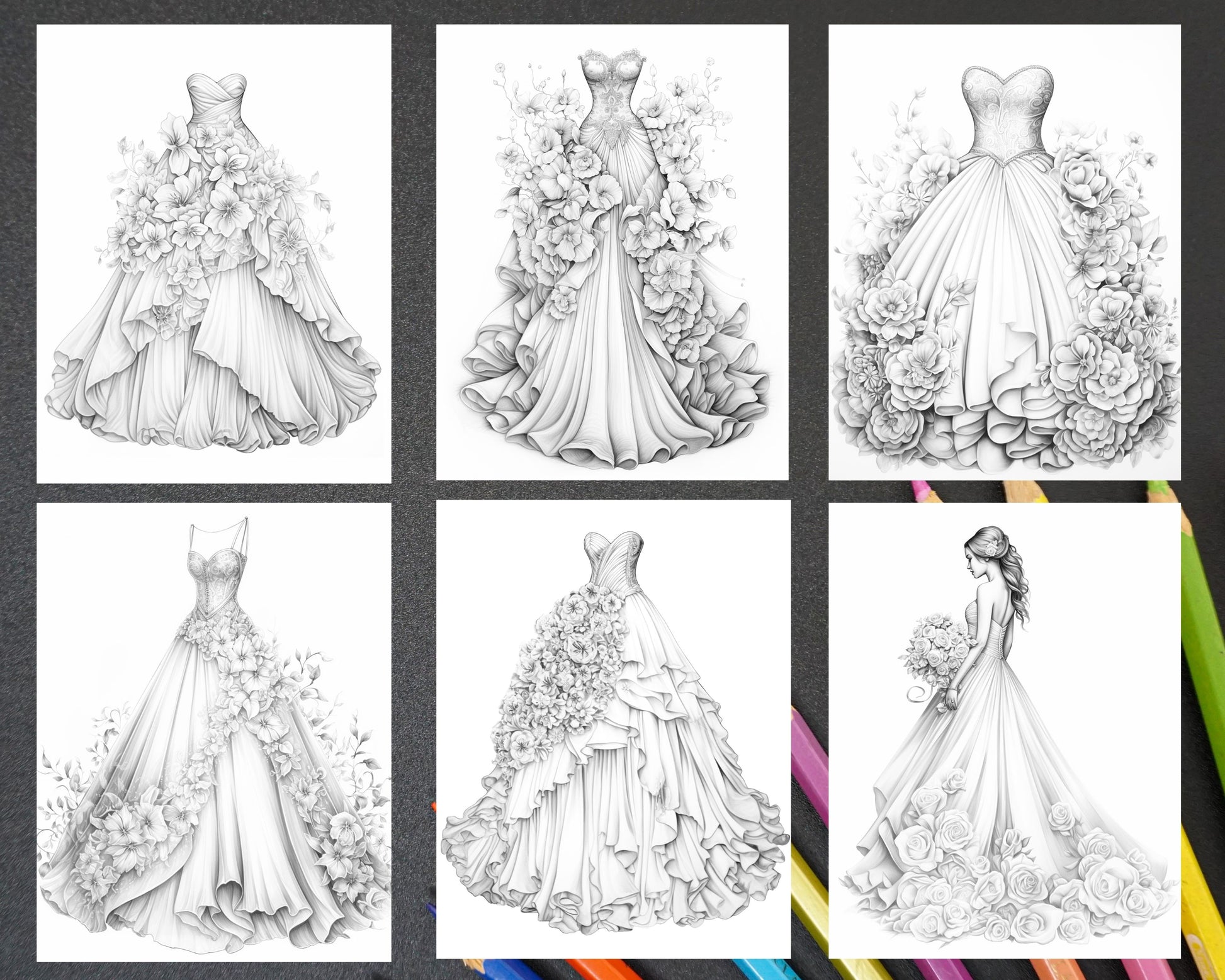 Elegant floral wedding dresses grayscale coloring pages printable f â coloring