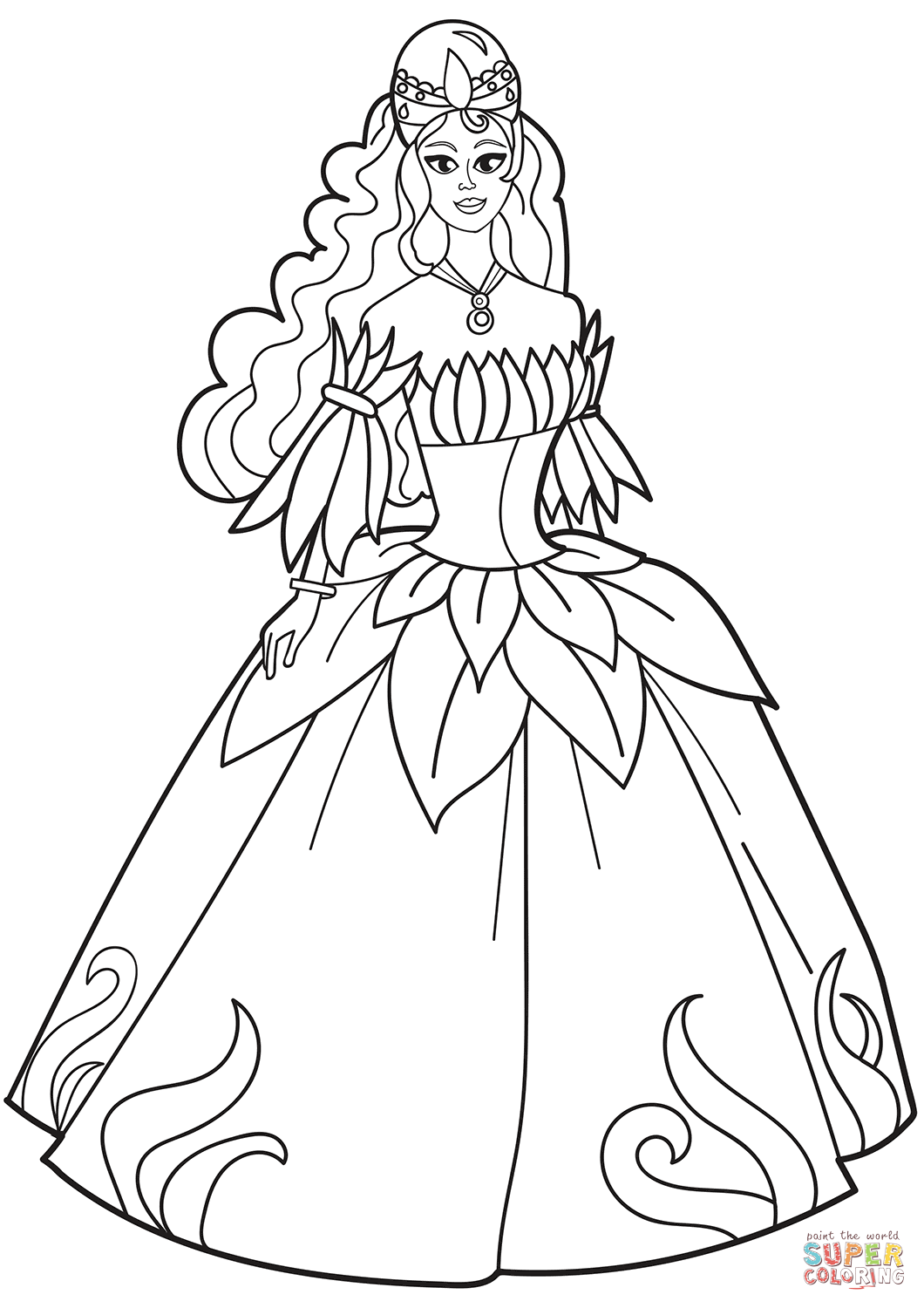 Princess in flower dress coloring page free printable coloring pages