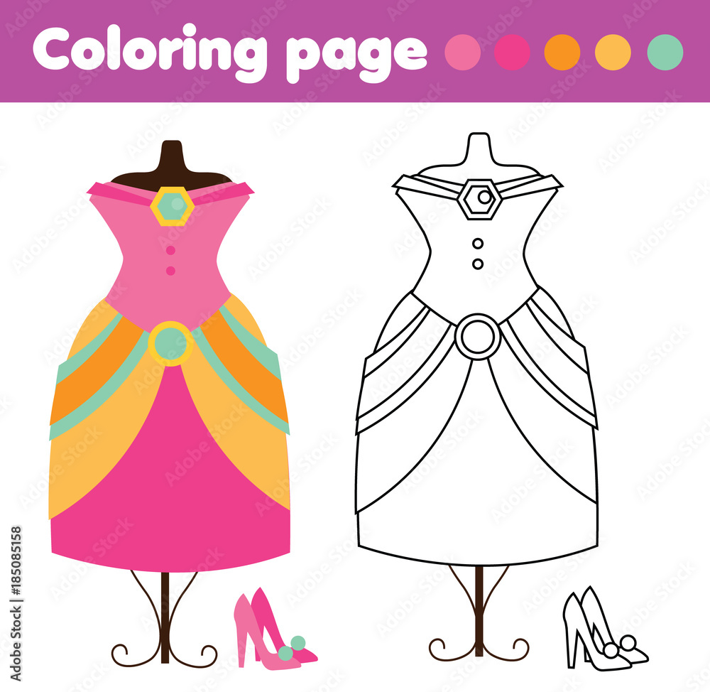 Coloring page with fashion dress and shoes drawing kids game printable activity vector