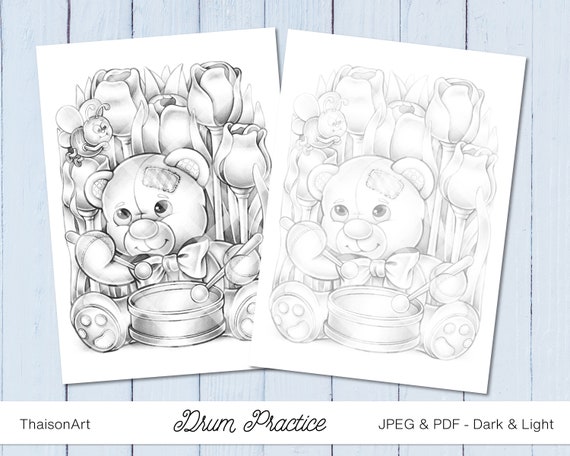 Drum practice teddy bear coloring page grayscale cute coloring pages instant download printable jpg animal insect bee tulip flowers