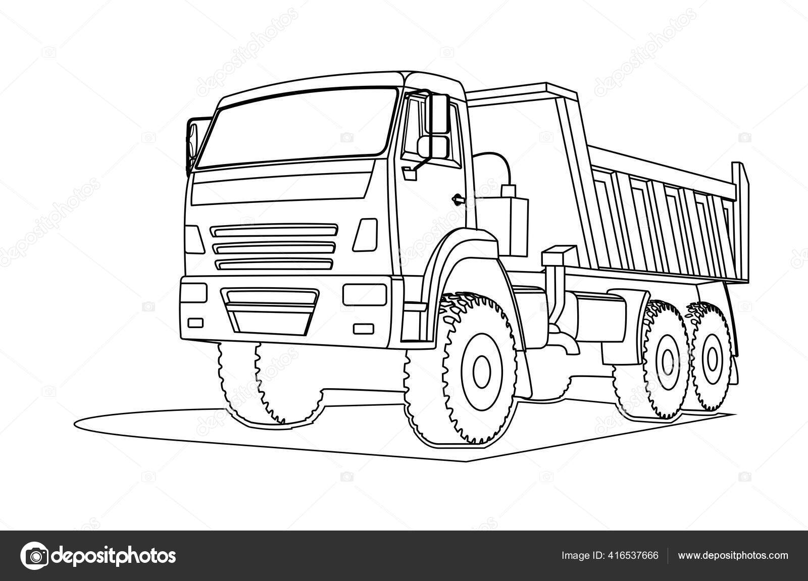 Contour large dump truck coloring book page three quarter view stock vector by antonina