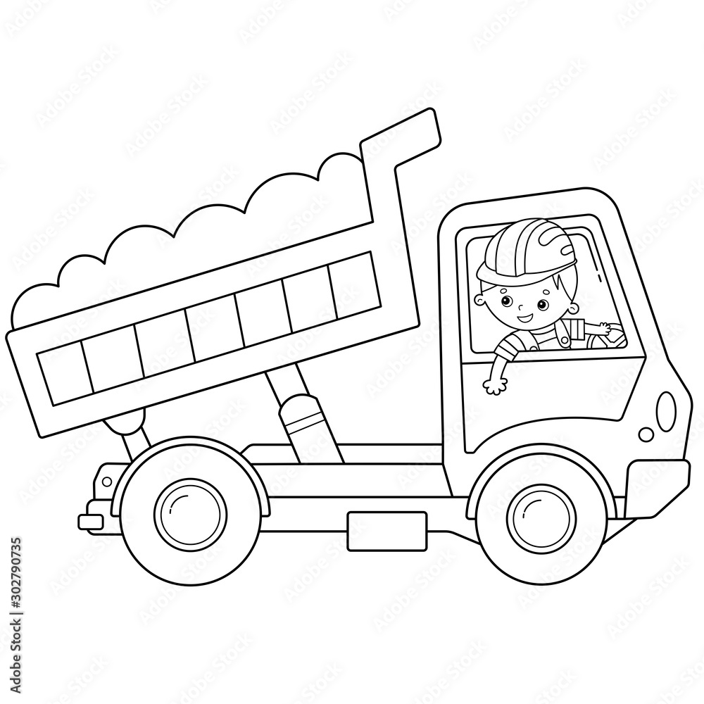 Coloring page outline of cartoon lorry or dump truck construction vehicles coloring book for kids vector