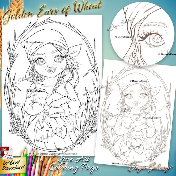 Golden ears of wheat line art coloring page happy cute farmer girl and lamb illustration instant download printable file pdf derya cakirsoy