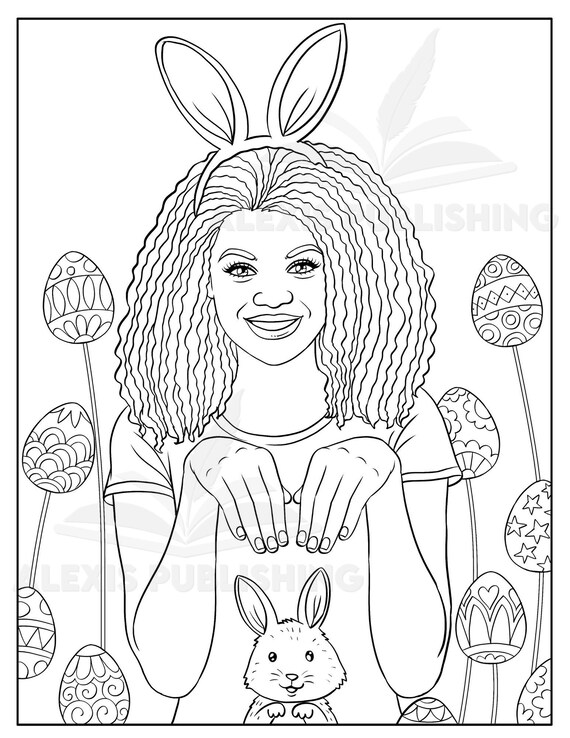 Black woman easter coloring page melanin girl illustration printable pages for stress relieving for relaxation easter gift