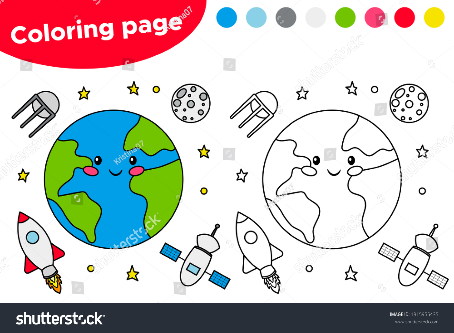 Printable coloring page earth satellite moon stock vector royalty free