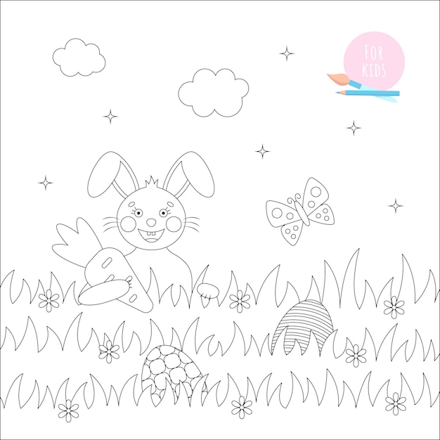 Premium vector easter coloring page for kids cute rabbit with a carrot on a lawn vector illustration