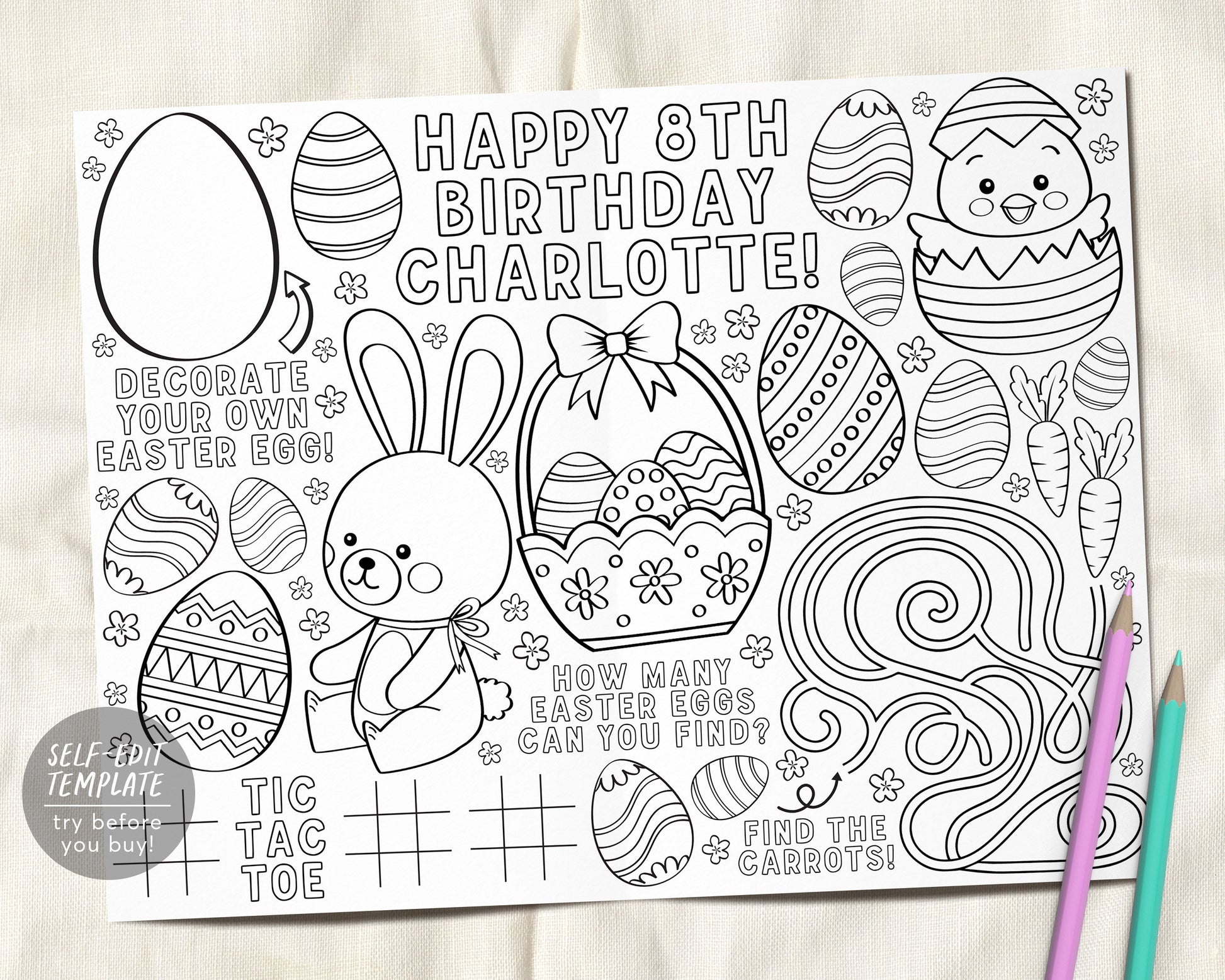 Easter spring birthday party coloring placemat for kids editable templ â puff paper co