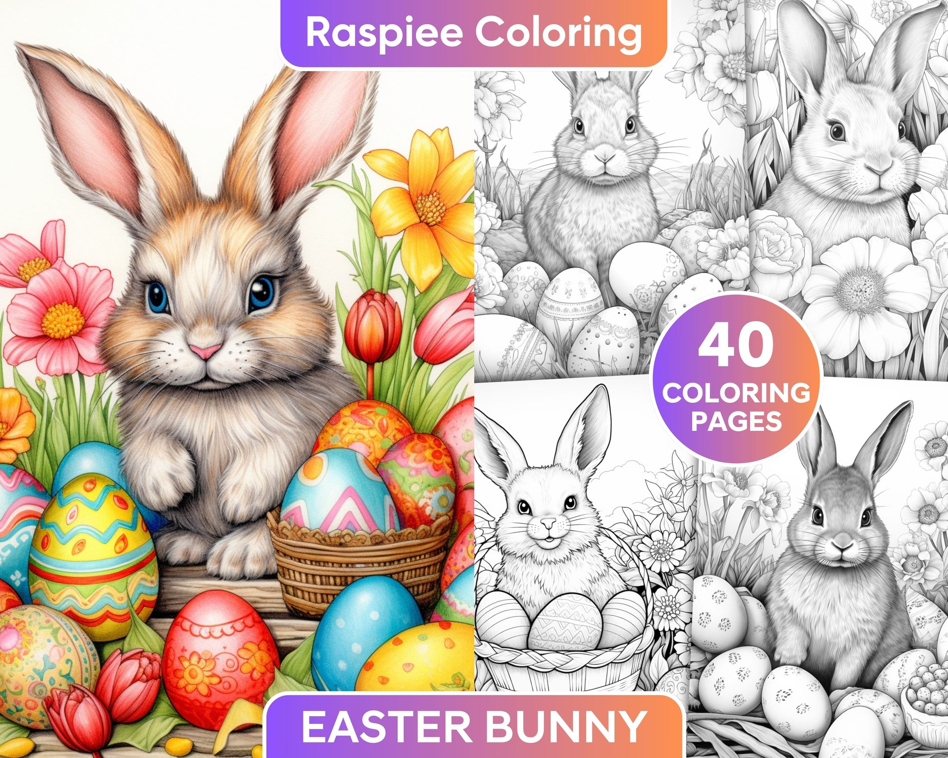 Easter bunny grayscale adult coloring pages printable pdf instant â coloring