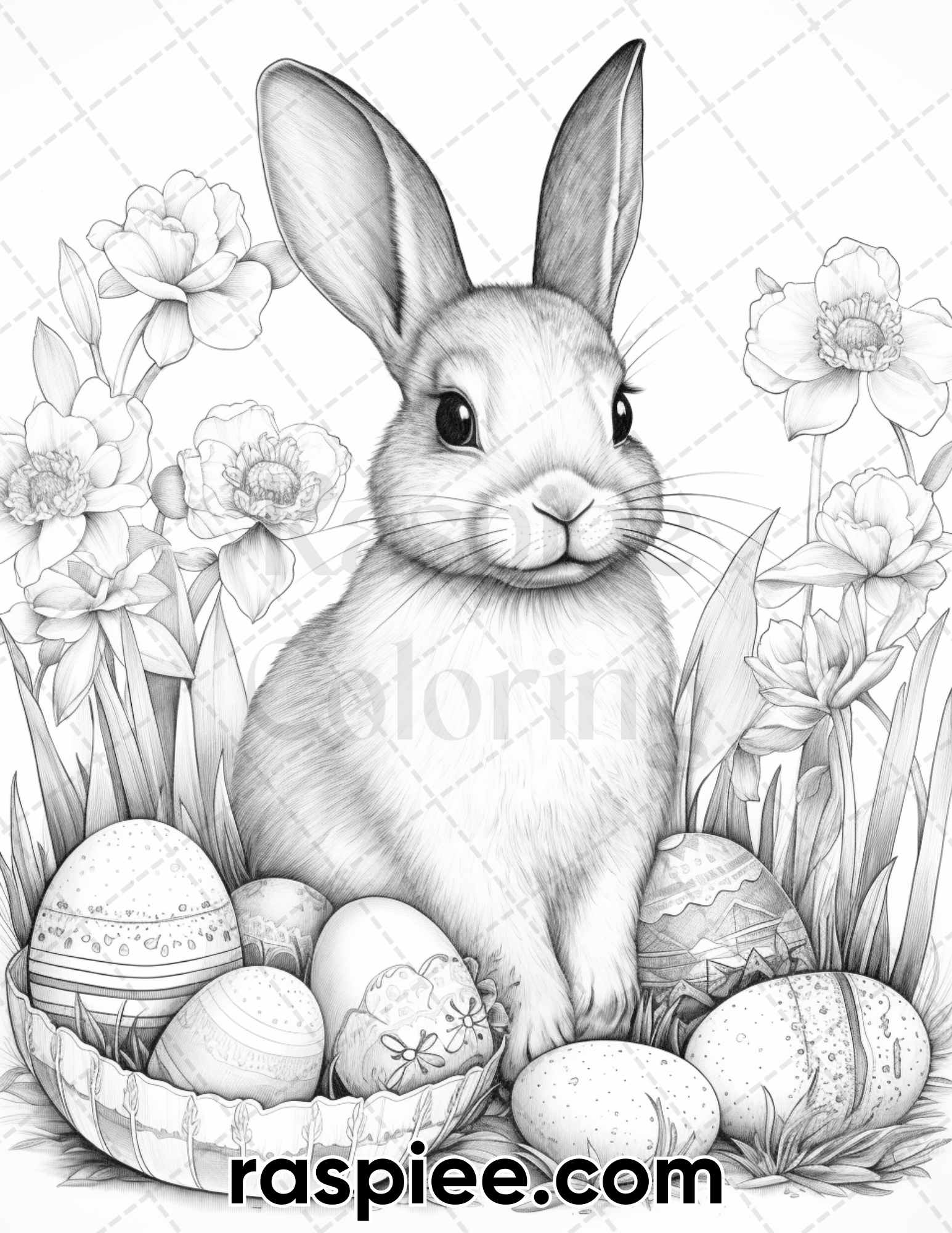 Easter bunny grayscale adult coloring pages printable pdf instant â coloring
