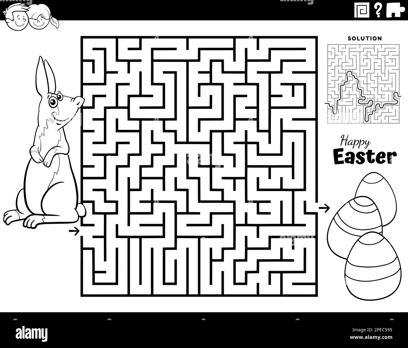 Black and white cartoon illustration of educational maze puzzle game for children with easter bunny and easter eggs coloring page stock vector image art