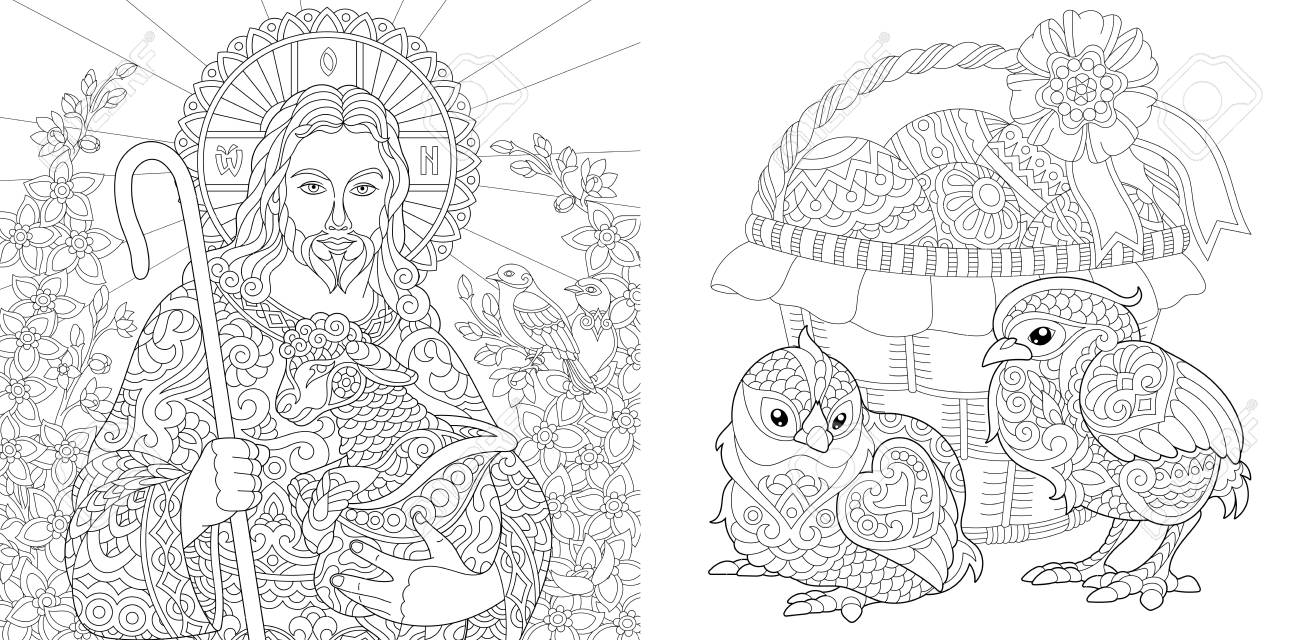 Easter coloring pages coloring book for adults colouring pictures with jesus and chickens drawn in zentangle style royalty free svg cliparts vectors and stock illustration image