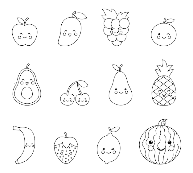 Premium vector cute fruits character printable coloring page
