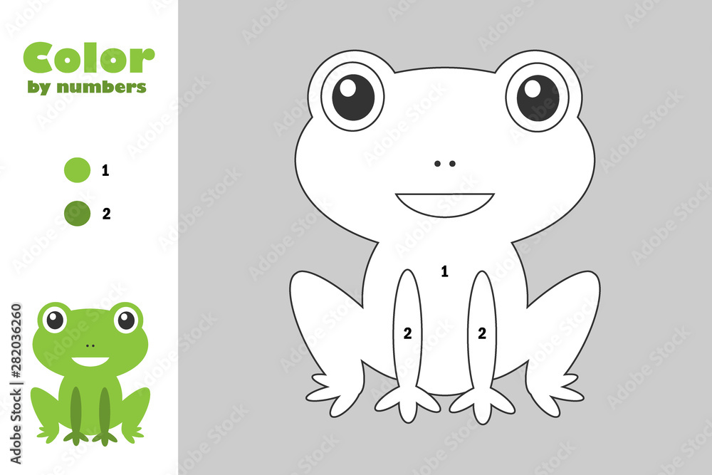 Green frog in cartoon style color by number education paper game for the development of children coloring page kids preschool activity printable worksheet vector illustration vector