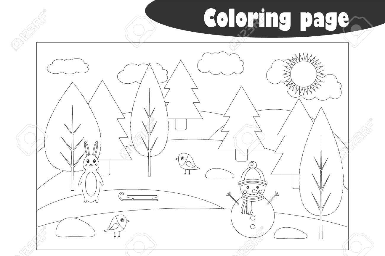 Winter forest in cartoon style coloring page christmas education paper game for the development of children kids preschool activity printable worksheet vector royalty free svg cliparts vectors and stock illustration image