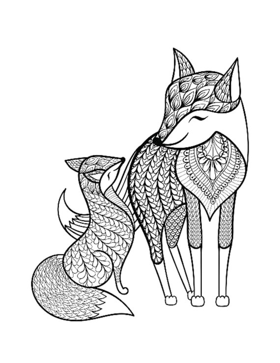 Fox mandala coloring page color family animals draw drawing paper digital file download adult kids education art project school work
