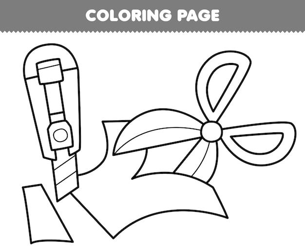 Premium vector education game for children coloring page of cute cartoon cutter and scissor cutting paper line art printable tool worksheet